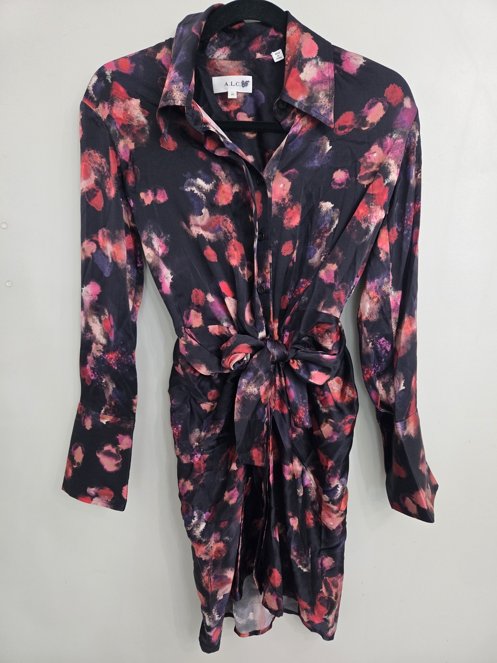 A.L.C. Black Floral Tie-Waist Silk Shirt Dress